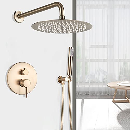 Gebürsteter goldener Duschhahn zur Wandmontage, 8/10/12/16 Zoll großer Regenduschkopf, Regenbad-Duschhahn-Set mit Handbrause-Duschset(10 Inch Shower Set) von SGKOMN