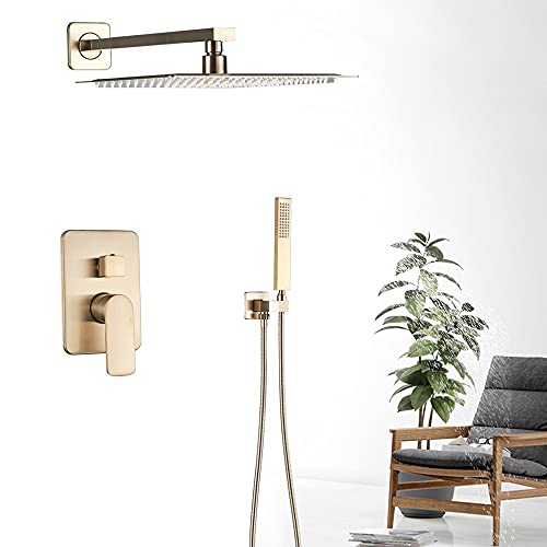 Gebürstetes goldenes Wandmontage-Set mit 8 Regenduschen und Handbrause, Einhebel-Regendusche, Mischbatterie(12 Inch Head) von SGKOMN