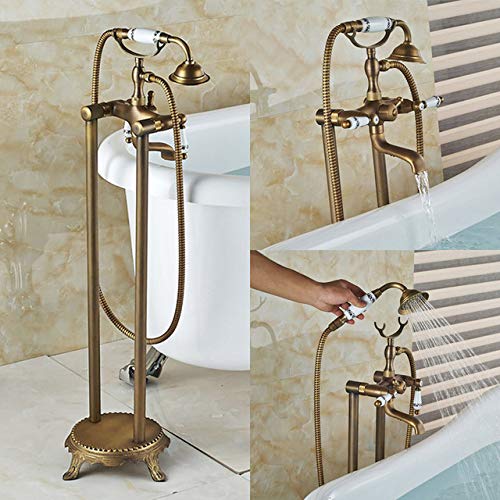 Gold Bodenmontierter Badewannen-Waschbeckenhahn mit zwei Griffen, Badezimmer-Badewannen-Duschset, freistehende Badewannenmischbatterie mit Handbrause(Antique Brass E) von SGKOMN