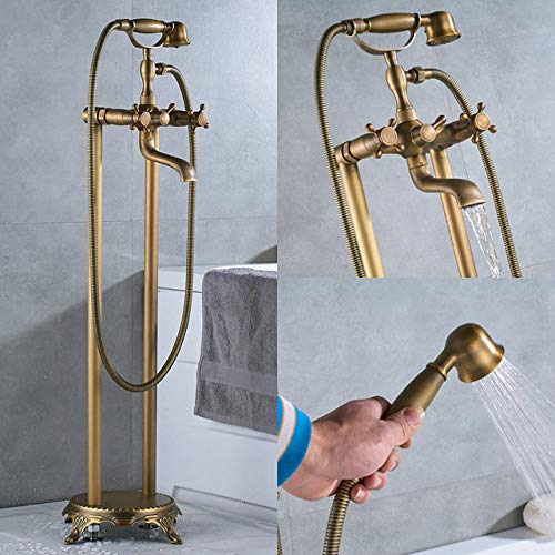 Gold Bodenmontierter Badewannen-Waschbeckenhahn mit zwei Griffen, Badezimmer-Badewannen-Duschset, freistehende Badewannenmischbatterie mit Handbrause(Antique Brass F) von SGKOMN