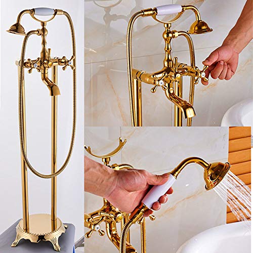 Gold Bodenmontierter Badewannen-Waschbeckenhahn mit zwei Griffen, Badezimmer-Badewannen-Duschset, freistehende Badewannenmischbatterie mit Handbrause(Gold a) von SGKOMN