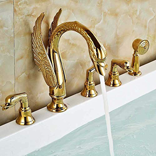 Golden Swan Badewannenarmatur, Deckmontage, Badewannen-Duschset, Messing, Handbrause, Waschtisch-Mischbatterie, weit verbreiteter Wannen-Waschbecken-Wasserhahn(Swan Faucet C) von SGKOMN