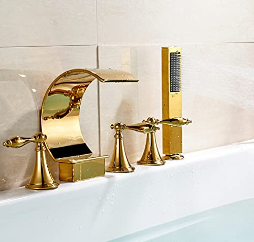 Goldener Badewannenhahn, Wasserfall, weit verbreitet, Wannenmischbatterie, Deckmontage, herausziehbare Handbrause, Badewannen-Duschset, 3 Griffe, Gold, Modell C(Gold Model B) von SGKOMN