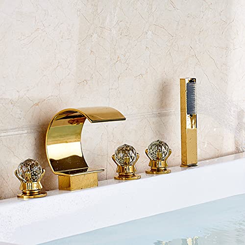 Goldener Badewannenhahn, Wasserfall, weit verbreitet, Wannenmischbatterie, Deckmontage, herausziehbare Handbrause, Badewannen-Duschset, 3 Griffe, Gold, Modell C(Gold Model a) von SGKOMN