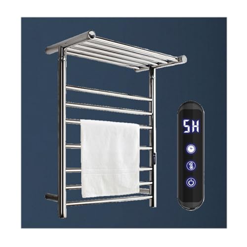 Handtuchwärmer zur Wandmontage mit oberer Ablage, beheizte Handtuchhalter für Badezimmer, elektrisches Handtuchregal aus Edelstahl mit 7 Stangen, Smart Left, Silver Smart-Plug in Left von SGKOMN