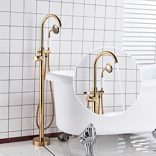 Luxuriöses, goldfarbenes, bodenmontiertes Wannen-Waschbecken-Wasserhahn-Set mit einem Griff für Badezimmer, Badewanne und Dusche, freistehende Badewannenmischbatterie mit (Gold C) von SGKOMN