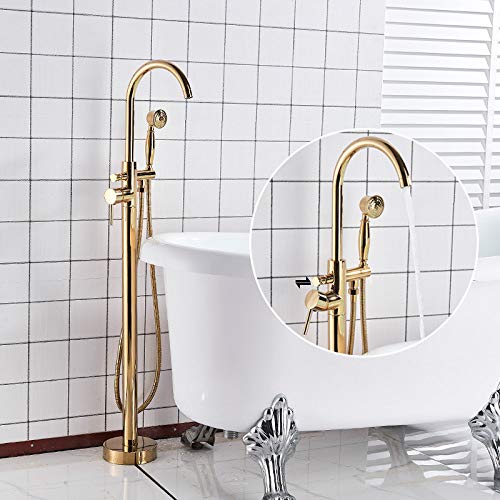 Luxuriöses, goldfarbenes, bodenmontiertes Wannen-Waschbecken-Wasserhahn-Set mit einem Griff für Badezimmer, Badewanne und Dusche, freistehende Badewannenmischbatterie mit (Gold D) von SGKOMN