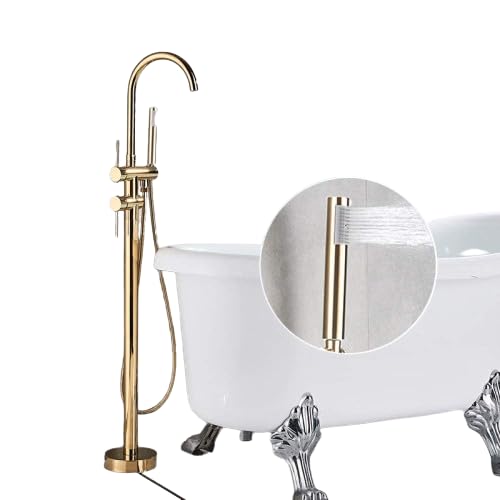 Luxuriöses, goldfarbenes, bodenmontiertes Wannen-Waschbecken-Wasserhahn-Set mit einem Griff für Badezimmer, Badewanne und Dusche, freistehende Badewannenmischbatterie mit (Gold E) von SGKOMN