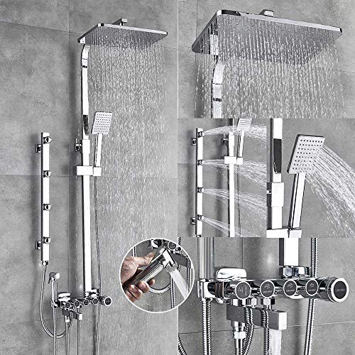 Luxuriöses Duscharmatur-Set in Weißgold mit 5-Funktionsschalter, Wandmontage, Regenduschkopf mit Handbrause, Badewannenauslauf, Bidet-Mischbatterie(Chrome Silver) von SGKOMN