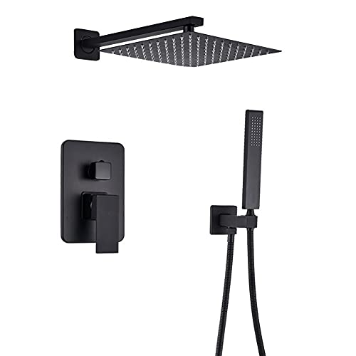 Mattschwarzer Duschhahn zur Wandmontage, 8/10/12/16 Zoll Regenduschkopf, Badezimmer-Duscharmatur mit Handbrause, Duschset, Mischbatterie, Duschset(8 Inch Shower Set) von SGKOMN