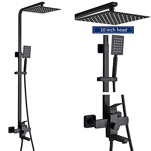 Mattschwarzes Badezimmer-Duscharmatur-Set, Wandmontage, Regendusche, Mischbatterie, Badewannen-Duschmischbatterie, 3-Wege-Duschmischer(Matte Black 10inch) von SGKOMN