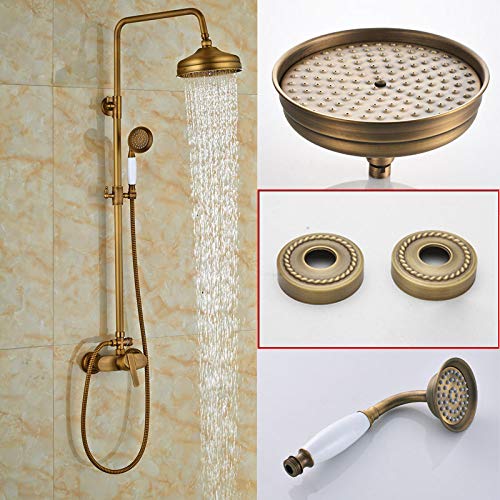 Messing Antik Regendusche Set Wasserhahn Einhand Außendusche Mischbatterie Messing Regendusche Mischbatterie mit Handbrause,02(Antique Brass A-01) von SGKOMN