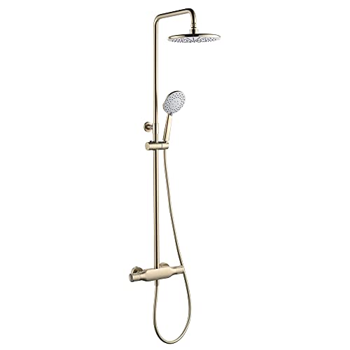 Regenduschsystem aus gebürstetem Gold für Badezimmer, höhenverstellbare Duscharmatur-Sets mit Badewanneneinlauf, Duschkopf und Handbrause von SGKOMN