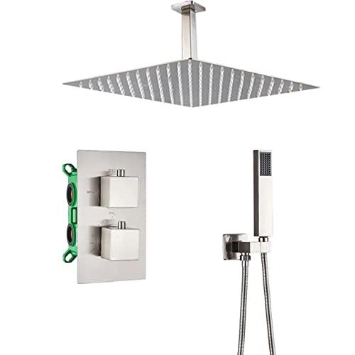 Regenmischer-Duschsystem aus gebürstetem Nickel mit Thermostat, an der Decke montiertes Badezimmer-Duscharmatur-Set aus Messing mit Regenduschkopf, Handbrause, 10 Zoll(10inch) von SGKOMN