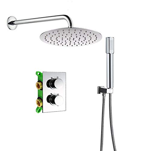 Thermostat-Duscharmatur mit zwei Griffen, Chrom-Duschset, verdeckte Installation, Badezimmer-Niederschlag, 8/10/12/16 Zoll, Duschmischbatterie, SquareCeilin(16 Inch Round Wall) von SGKOMN