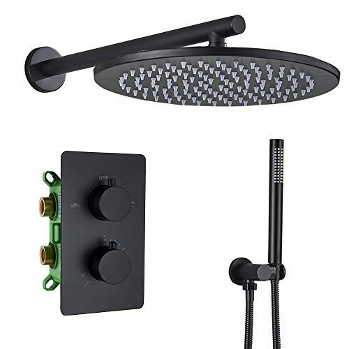Thermostat-Duschset aus Messing in Schwarz, Badezimmerarmatur, Wandmontage, Duschmischer, Handbrause-Sets mit 8–16 Duschköpfen(16 Inch Shower Set) von SGKOMN