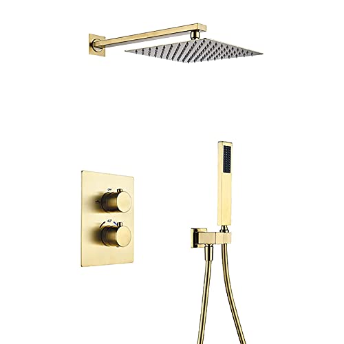Thermostatisches Duschsystem, verdecktes Duscharmatur-Set mit Handbrause und 10-Zoll-Regenduschkopf, Dusch-Kombi-Set, verstellbares modernes Wannen- und Duschverkleidungss(Brushed Gold) von SGKOMN