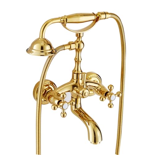 V-intage Dusch- und Wannenarmatur-Set, Gold, 2 Funktionen, Wandmontage, Badewannenarmatur mit Handbrause, Messing, mit 1,5 m Brauseschlauch, Retro-Badewannenarmatur, Dusch(Gold) von SGKOMN