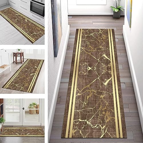 Läufer Teppich Flur Küche Waschbar rutschfest Küchenläufer Meterware 120X500CM Braun Gold Lang Teppichläufer Teppichmatte Dauerhaft für Korridor Wohnzimmer Schlafzimmer Anpassbar Modern Teppich Läufer von SGLGSTORE