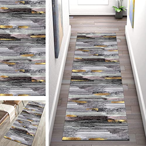SGLGSTORE Teppich Läufer Flur Grau Gold Küche rutschfest Modern Teppichläufer Küchenläufer Waschbar Meterware Korridor Teppich Schlafzimmer Wohnzimmer Teppichmatte (Color : A, Size : 60x500cm) von SGLGSTORE