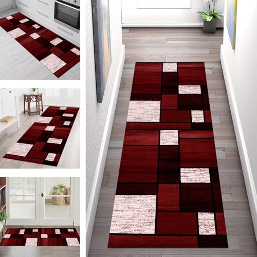 SGLGSTORE Teppich Läufer Flur Küche rutschfest Waschbar Schmutzfangmatte 100X400CM Teppichläufer Kücheläufer Rot Schwarz Teppichmatte Wohnzimmer Schlafzimmer Esszimmer Flurteppich Schmutzfangteppich von SGLGSTORE