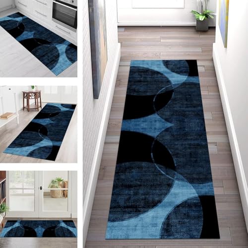 SGLGSTORE Teppich Läufer Flur Küche rutschfest Waschbar Schmutzfangmatte 100X450CM Teppichläufer Kücheläufer Blau Schwarz Teppichmatte Wohnzimmer Schlafzimmer Esszimmer Flurteppich Schmutzfangteppich von SGLGSTORE