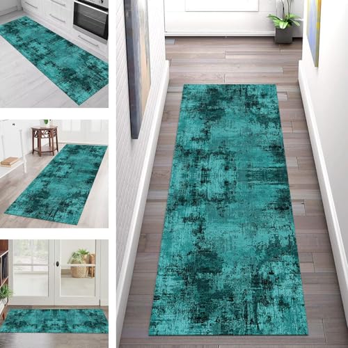 SGLGSTORE Teppich Läufer Flur Küche rutschfest Waschbar Schmutzfangmatte 100X500CM Teppichläufer Kücheläufer Cyan Schwarz Teppichmatte Wohnzimmer Schlafzimmer Esszimmer Flurteppich Schmutzfangteppich von SGLGSTORE