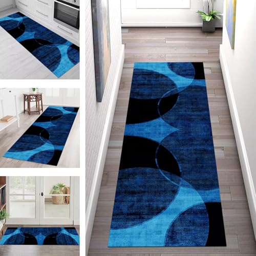 SGLGSTORE Teppich Läufer Flur Küche rutschfest Waschbar Schmutzfangmatte 110X300CM Teppichläufer Kücheläufer Blau Schwarz Teppichmatte Wohnzimmer Schlafzimmer Esszimmer Flurteppich Schmutzfangteppich von SGLGSTORE
