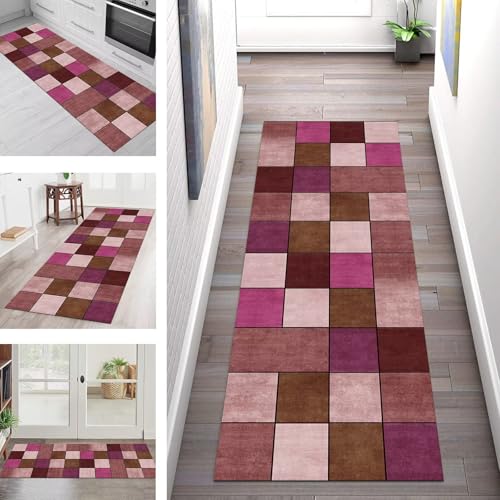 SGLGSTORE Teppich Läufer Flur Küche rutschfest Waschbar Schmutzfangmatte 110X400CM Teppichläufer Kücheläufer Rot Rosa Violett Teppichmatte Meterware Wohnzimmer Schlafzimmer Esszimmer Flurteppich von SGLGSTORE