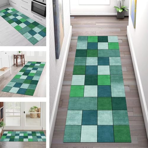SGLGSTORE Teppich Läufer Flur Küche rutschfest Waschbar Schmutzfangmatte 110X450CM Teppichläufer Kücheläufer Grün Blau Teppichmatte Meterware Wohnzimmer Schlafzimmer Esszimmer Flurteppich von SGLGSTORE