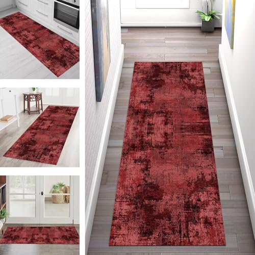 SGLGSTORE Teppich Läufer Flur Küche rutschfest Waschbar Schmutzfangmatte 110X450CM Teppichläufer Kücheläufer Rot Schwarz Teppichmatte Wohnzimmer Schlafzimmer Esszimmer Flurteppich Schmutzfangteppich von SGLGSTORE