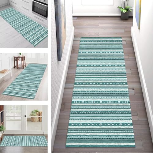 SGLGSTORE Teppich Läufer Flur Küche rutschfest Waschbar Schmutzfangmatte 110X500CM Teppichläufer Küchenläufer Teppichmatten Cyan Weiß Schwarz Wohnzimmer Schlafzimmer Meterware Schmutzfangteppich von SGLGSTORE