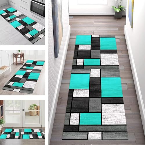 SGLGSTORE Teppich Läufer Flur Küche rutschfest Waschbar Schmutzfangmatte 120X300CM Teppichläufer Kücheläufer Cyan Schwarz Teppichmatte Wohnzimmer Schlafzimmer Esszimmer Flurteppich Schmutzfangteppich von SGLGSTORE