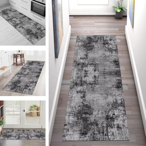 SGLGSTORE Teppich Läufer Flur Küche rutschfest Waschbar Schmutzfangmatte 120X450CM Teppichläufer Kücheläufer Grau Schwarz Teppichmatte Wohnzimmer Schlafzimmer Esszimmer Flurteppich Schmutzfangteppich von SGLGSTORE