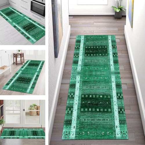 SGLGSTORE Teppich Läufer Flur Küche rutschfest Waschbar Schmutzfangmatte 120X450CM Teppichläufer Kücheläufer Grün Vintage Teppichmatte Wohnzimmer Schlafzimmer Esszimmer Flurteppich Schmutzfangteppich von SGLGSTORE