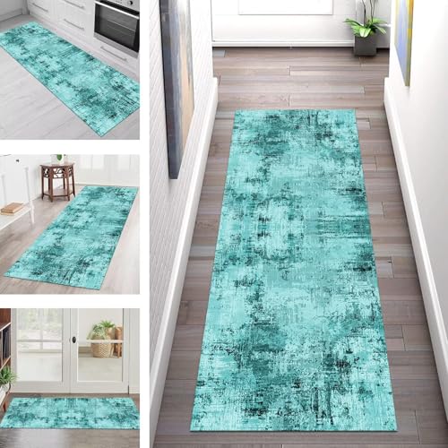 SGLGSTORE Teppich Läufer Flur Küche rutschfest Waschbar Schmutzfangmatte 40X250CM Teppichläufer Kücheläufer Cyan Schwarz Teppichmatte Wohnzimmer Schlafzimmer Flurteppich Schmutzfangteppich von SGLGSTORE