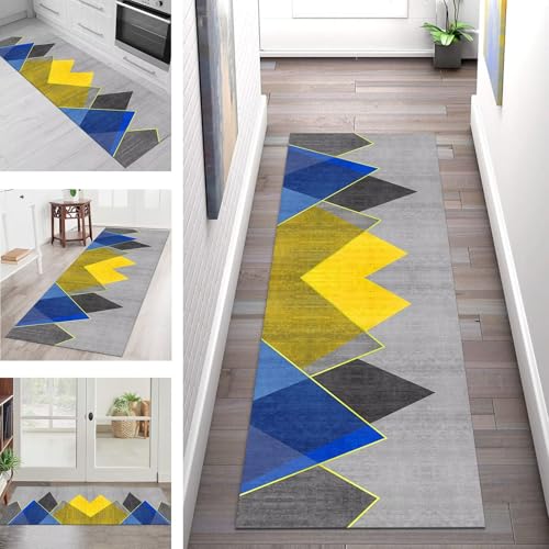SGLGSTORE Teppich Läufer Flur Küche rutschfest Waschbar Schmutzfangmatte 40X90CM Teppichläufer Kücheläufer Gelb Blau Grau Teppichmatte Wohnzimmer Schlafzimmer Esszimmer Flurteppich Schmutzfangteppich von SGLGSTORE