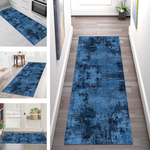 SGLGSTORE Teppich Läufer Flur Küche rutschfest Waschbar Schmutzfangmatte 50X400CM Teppichläufer Kücheläufer Blau Schwarz Teppichmatte Wohnzimmer Schlafzimmer Esszimmer Flurteppich Schmutzfangteppich von SGLGSTORE