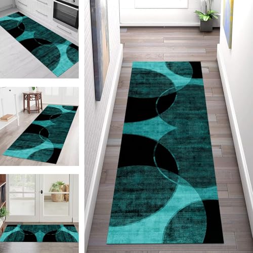 SGLGSTORE Teppich Läufer Flur Küche rutschfest Waschbar Schmutzfangmatte 70X500CM Teppichläufer Kücheläufer Cyan Schwarz Teppichmatte Wohnzimmer Schlafzimmer Esszimmer Flurteppich Schmutzfangteppich von SGLGSTORE