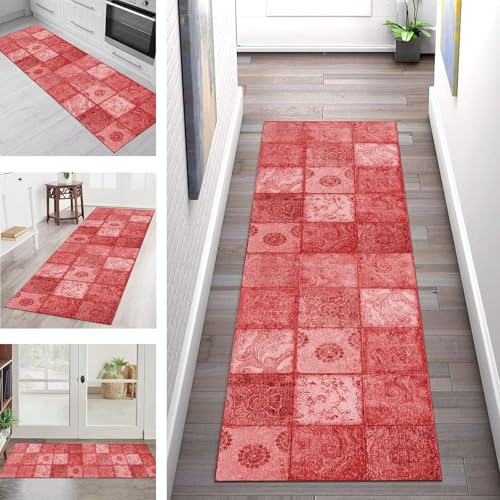 SGLGSTORE Teppich Läufer Flur Küche rutschfest Waschbar Schmutzfangmatte 80X180CM Teppichläufer Kücheläufer Rot Teppichmatte Meterware Wohnzimmer Schlafzimmer Esszimmer Flurteppich Schmutzfangteppich von SGLGSTORE