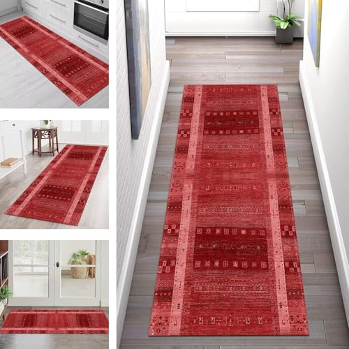 SGLGSTORE Teppich Läufer Flur Küche rutschfest Waschbar Schmutzfangmatte 80X200CM Teppichläufer Kücheläufer Rot Vintage Teppichmatte Wohnzimmer Schlafzimmer Esszimmer Flurteppich Schmutzfangteppich von SGLGSTORE