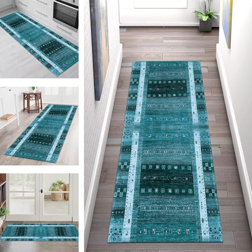 SGLGSTORE Teppich Läufer Flur Küche rutschfest Waschbar Schmutzfangmatte 90X100CM Teppichläufer Kücheläufer Cyan Teppichmatte Wohnzimmer Schlafzimmer Esszimmer Flurteppich Schmutzfangteppich von SGLGSTORE