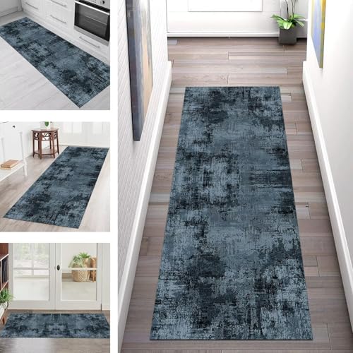 SGLGSTORE Teppich Läufer Flur Küche rutschfest Waschbar Schmutzfangmatte 90X450CM Teppichläufer Kücheläufer Blau Schwarz Teppichmatte Wohnzimmer Schlafzimmer Flurteppich Schmutzfangteppich von SGLGSTORE