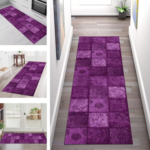 SGLGSTORE Teppich Läufer Flur Küche rutschfest Waschbar Schmutzfangmatte 90X450CM Teppichläufer Kücheläufer Dunkelviolett Teppichmatte Wohnzimmer Schlafzimmer Esszimmer Flurteppich Schmutzfangteppich von SGLGSTORE