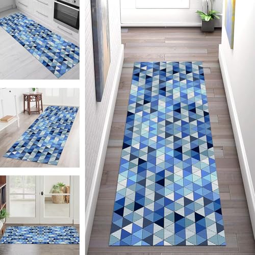 SGLGSTORE Teppich Läufer Flur Küche rutschfest Waschbar Schmutzfangmatte Blau Cyan Grau Teppichläufer Kücheläufer 60X450CM Teppichmatte Meterware Wohnzimmer Schlafzimmer Schmutzfangteppich von SGLGSTORE