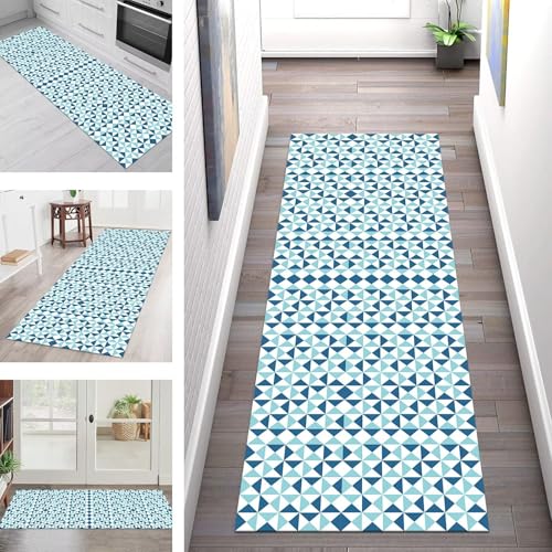 SGLGSTORE Teppich Läufer Flur Küche rutschfest Waschbar Schmutzfangmatte Blau Cyan Weiß Teppichläufer Küchenläufer Teppichmatten 40X100CM Wohnzimmer Schlafzimmer Meterware Schmutzfangteppich von SGLGSTORE