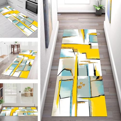 SGLGSTORE Teppich Läufer Flur Küche rutschfest Waschbar Schmutzfangmatte Blau Gelb Schwarz Teppichläufer Küchenläufer Teppichmatten 110X500CM Wohnzimmer Schlafzimmer Meterware Schmutzfangteppich von SGLGSTORE