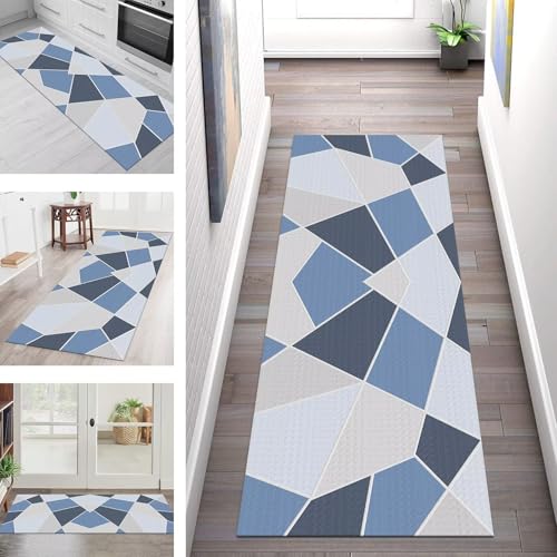 SGLGSTORE Teppich Läufer Flur Küche rutschfest Waschbar Schmutzfangmatte Blau Grau Quadrat Teppichläufer Küchenläufer Teppichmatten 120X450CM Wohnzimmer Schlafzimmer Meterware Schmutzfangteppich SGLGSTORE Teppich Läufer Flur Küche rutschfest Waschbar Schmutzfangmatte Blau Grau Quadrat Teppichläufer Küchenläufer Teppichmatten 120X450CM Wohnzimmer Schlafzimmer Meterware Schmutzfangteppich von SGLGSTORE