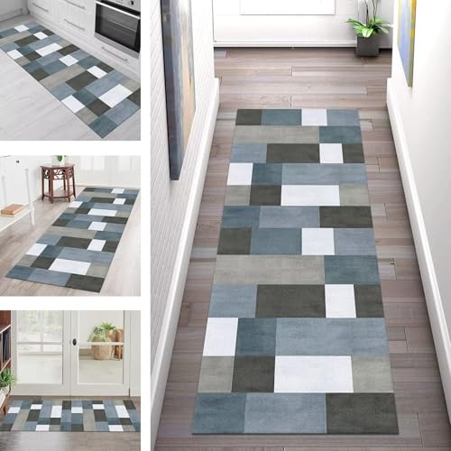 SGLGSTORE Teppich Läufer Flur Küche rutschfest Waschbar Schmutzfangmatte Blau Grau Schwarz Teppichläufer Kücheläufer 70X500CM Teppichmatte Meterware Wohnzimmer Schlafzimmer Schmutzfangteppich von SGLGSTORE