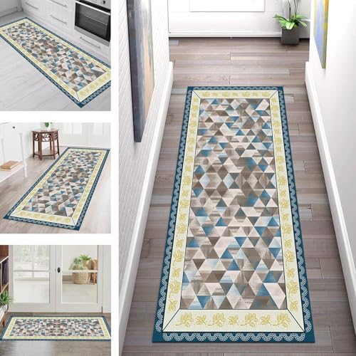 SGLGSTORE Teppich Läufer Flur Küche rutschfest Waschbar Schmutzfangmatte Blau Grau Teppichläufer Küchenläufer Teppichmatten 100X200CM Läufer Wohnzimmer Schlafzimmer Meterware Schmutzfangteppich von SGLGSTORE